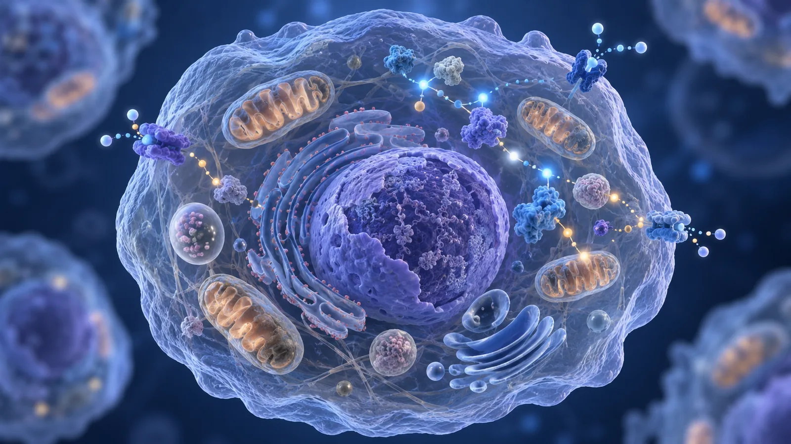 Redakcyjna ilustracja komórki, mitochondriów i sygnałów badanych w biologii starzenia.