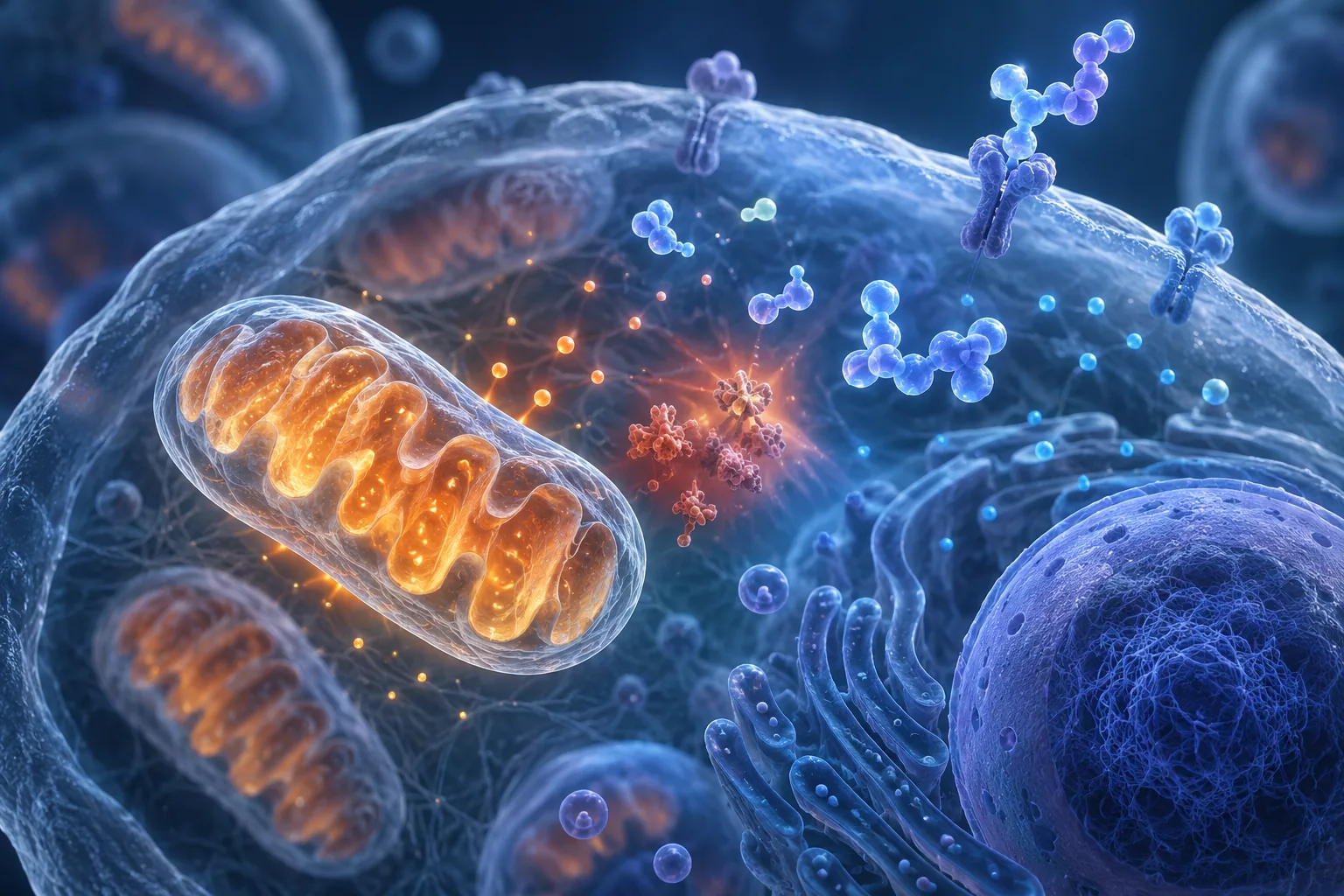 Schemat mitochondriów, stresu komórkowego i szlaków sygnałowych związanych z peptydami.