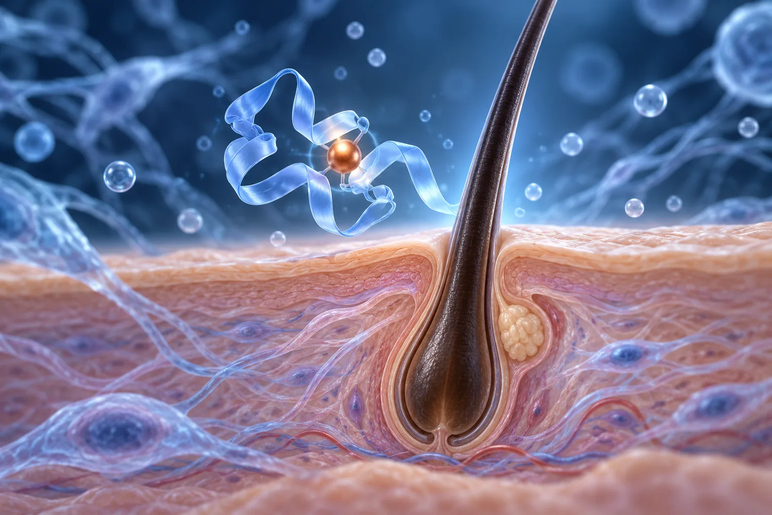 Symbolische Darstellung eines Kupferpeptids im Umfeld eines Haarfollikels.