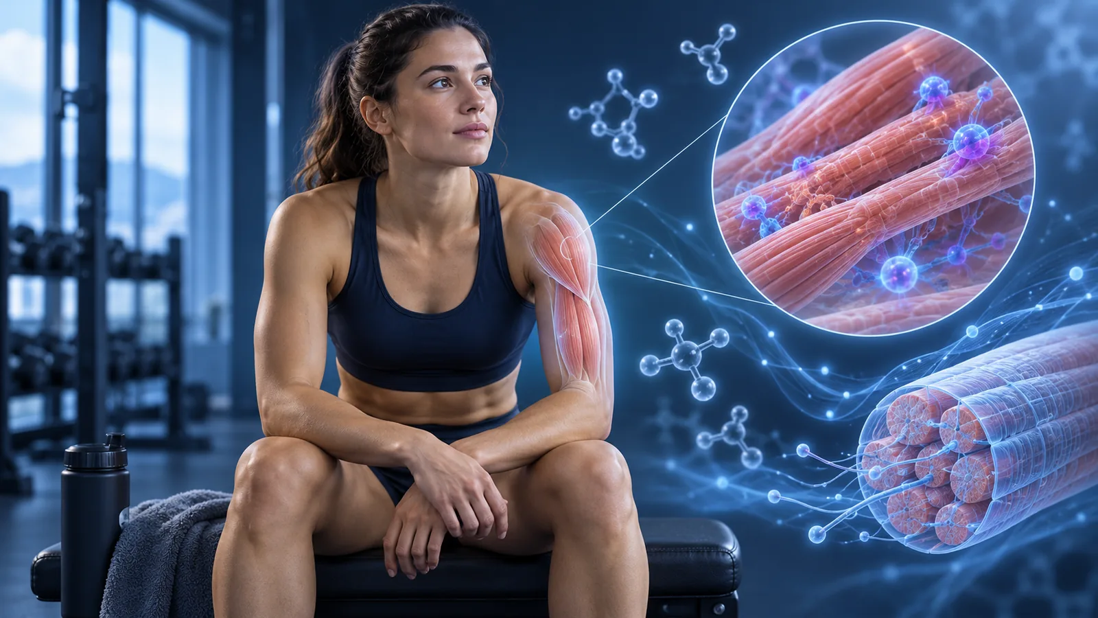 Sportlerin sitzt in einer Trainingspause neben schematischen Darstellungen von Muskelfasern.