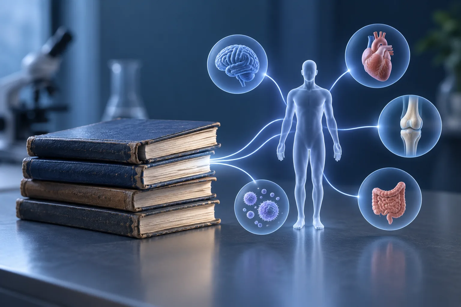 Ältere Forschungsbücher neben einer schematischen menschlichen Figur und verschiedenen Organsymbolen.