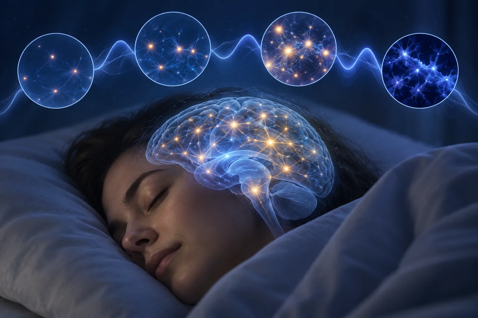 Schlafende Person mit schematischem Gehirn, neuronalen Lichtpunkten und abstrakten Wellenlinien.