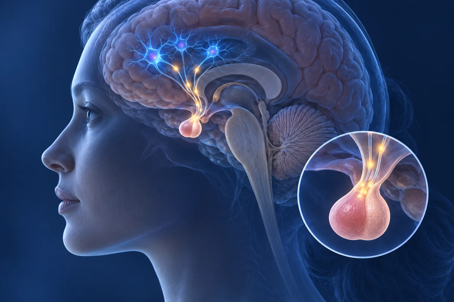 Schematischer Kopfquerschnitt mit Gehirn, neuronalen Signalen und vergrößerter Hypophyse.